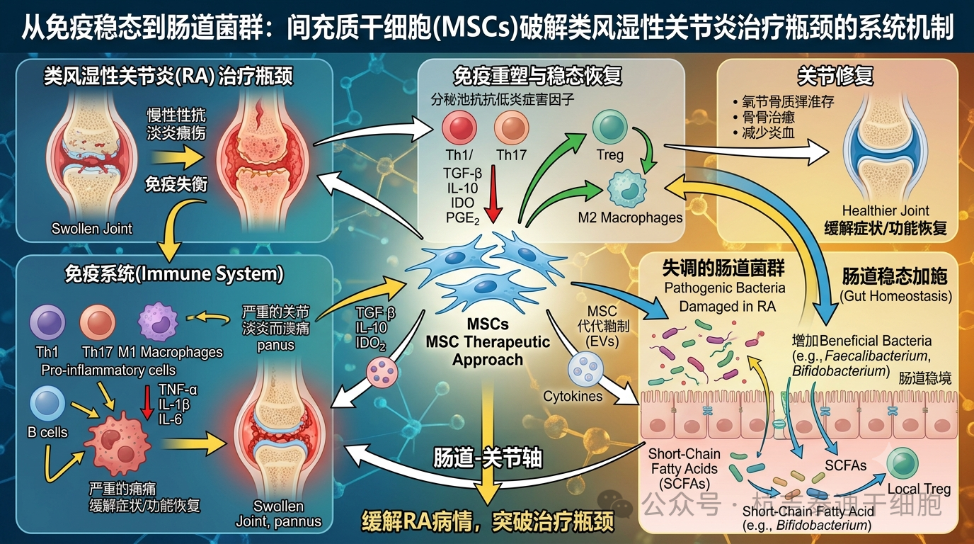 间充质干细胞治疗类风湿性关节炎的机制示意图