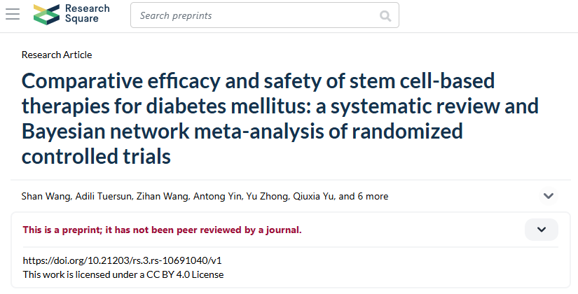 干细胞疗法治疗糖尿病的比较疗效与安全性:一项系统评价和贝叶斯网络荟萃分析 干细胞疗法治疗糖尿病的比较疗效与安全性:一项系统评价和贝叶斯网络荟萃分析