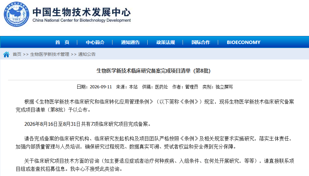 生物医学新技术临床研究备案完成项目清单(第8批)