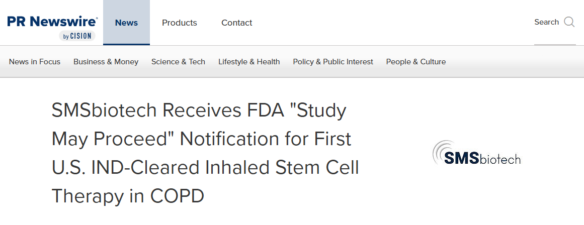 SMSbiotech吸入式干细胞疗法获FDA IND批准:美国首个COPD吸入式干细胞疗法 SMSbiotech吸入式干细胞疗法获FDA IND批准:美国首个COPD吸入式干细胞疗法